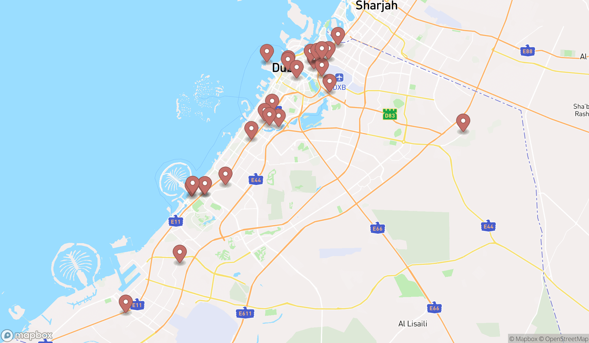 Map showing the search results in Dubai