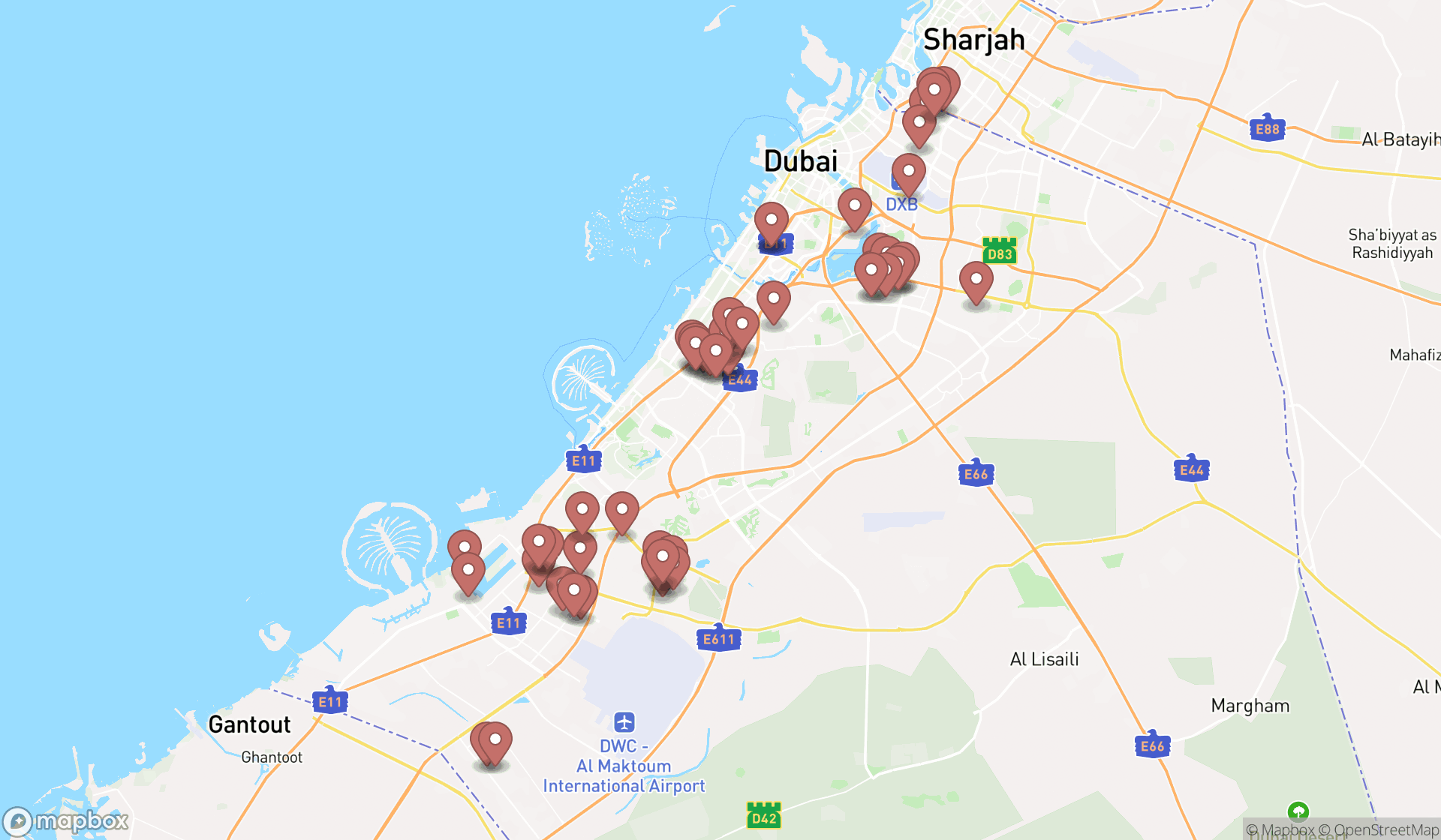 Map showing the search results in Dubai