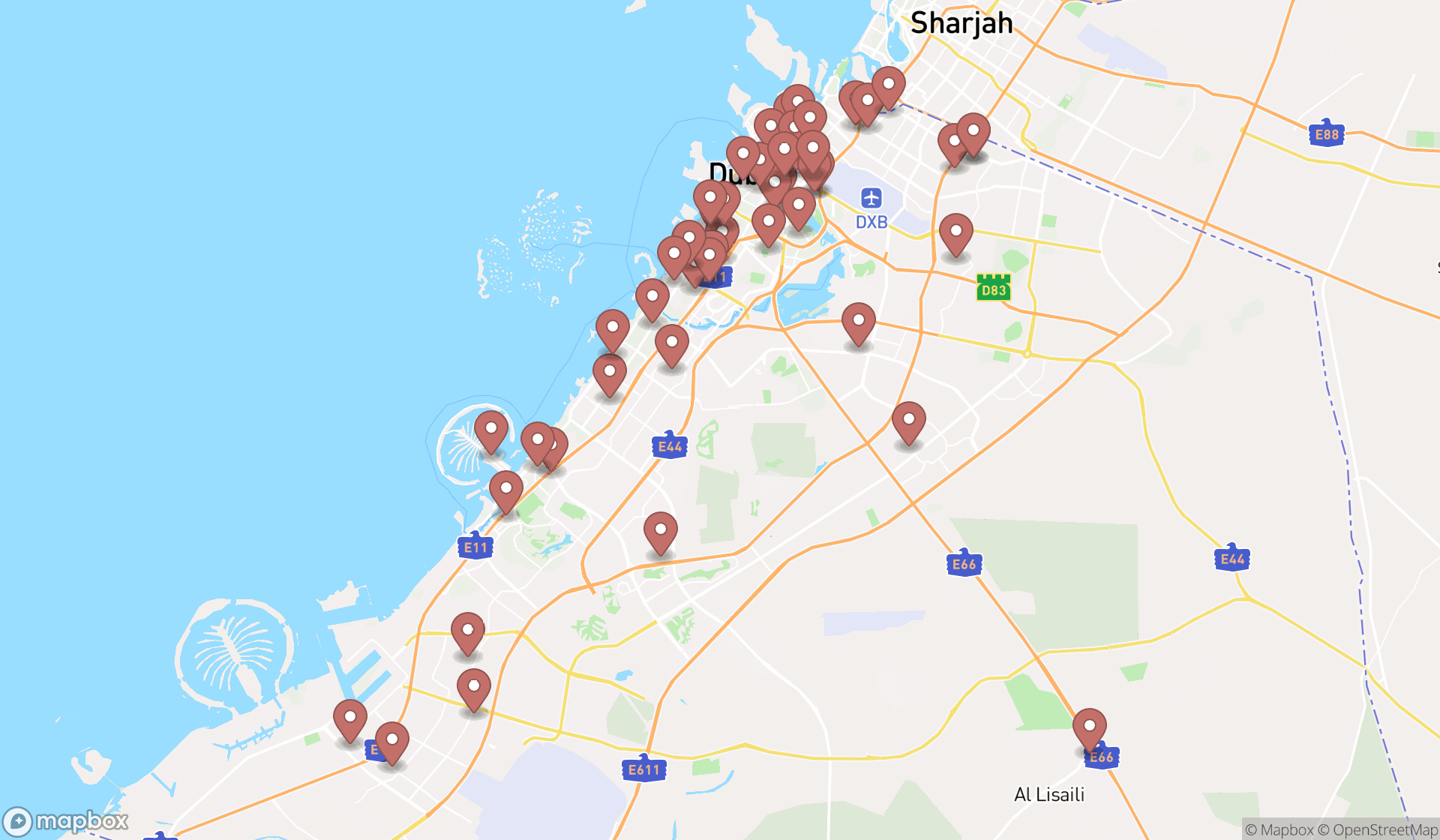 Map showing the search results in Dubai