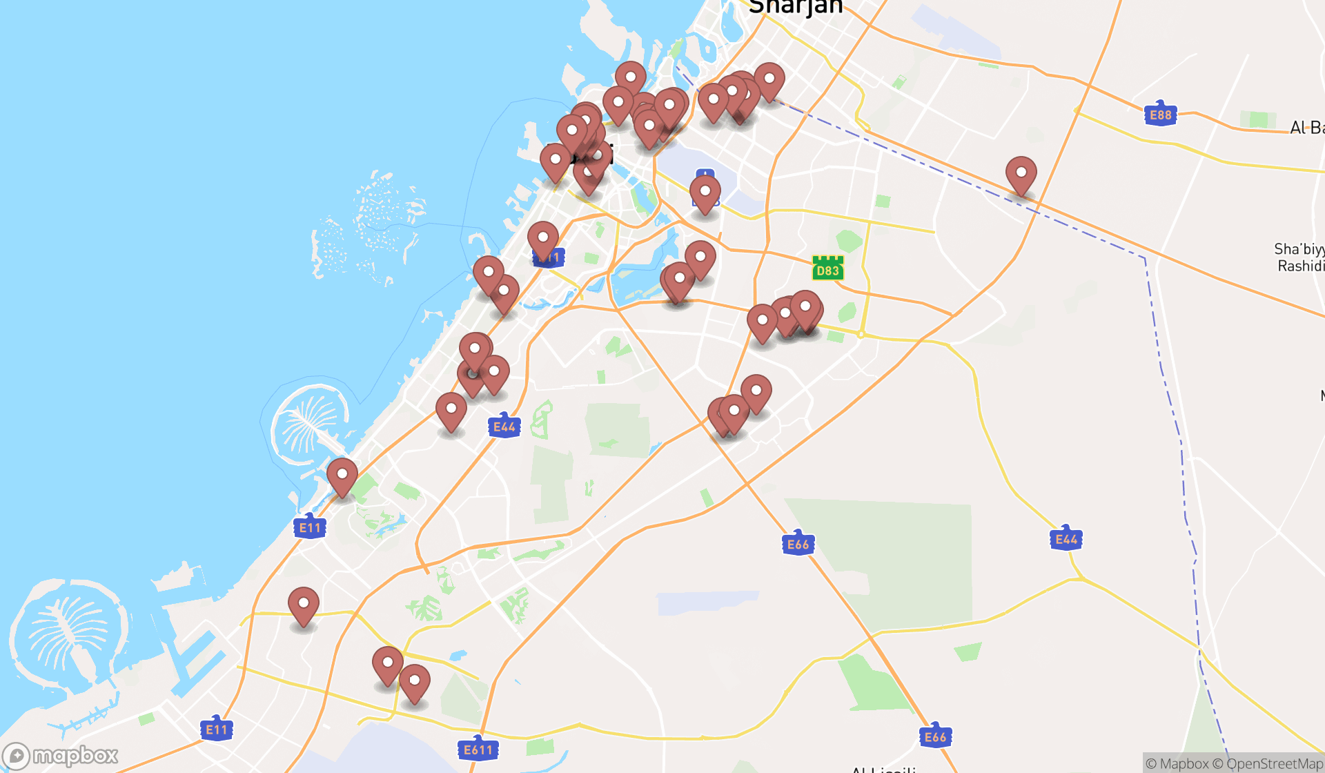 Map showing the search results in Dubai