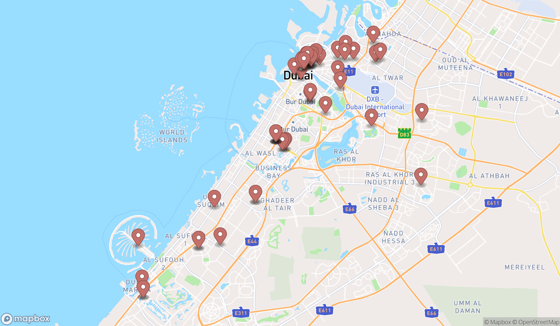 Map showing the search results in Dubai