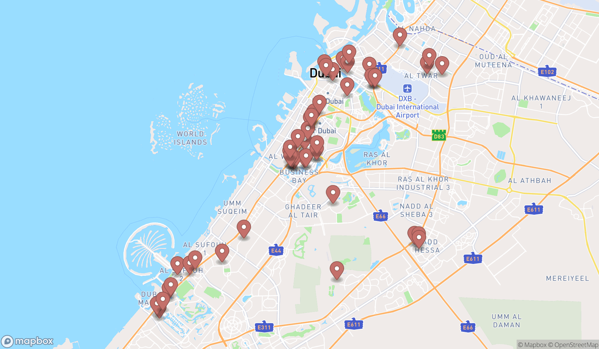 Map showing the search results in Dubai