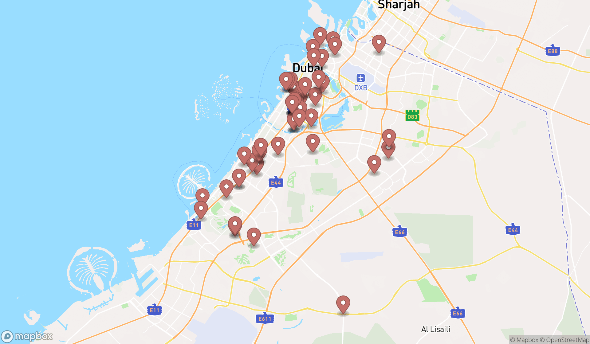 Map showing the search results in Dubai
