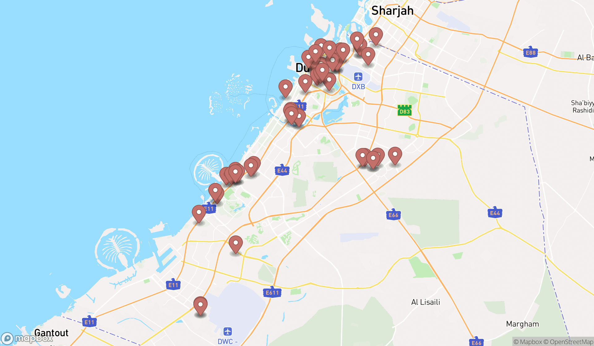 Map showing the search results in Dubai