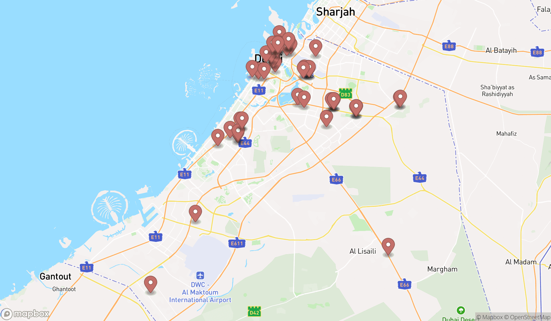 Map showing the search results in Dubai