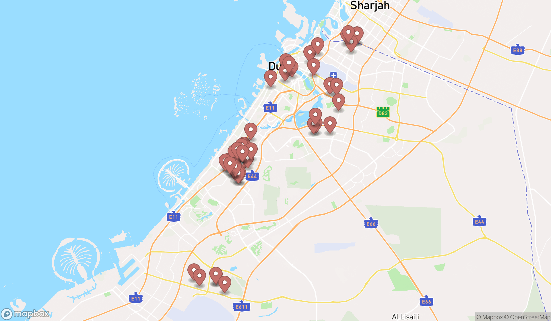 Map showing the search results in Dubai