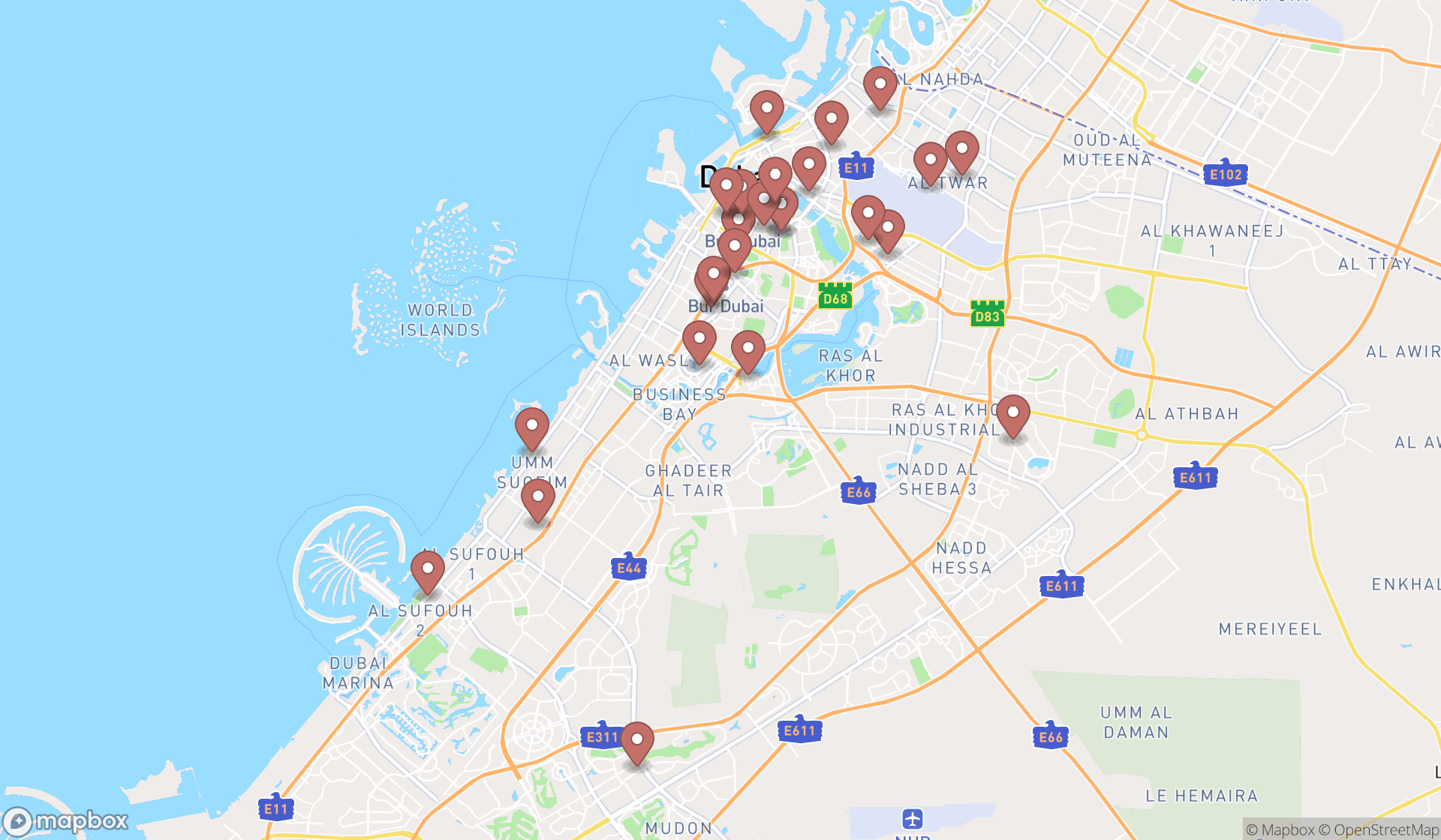 Map showing the search results in Dubai