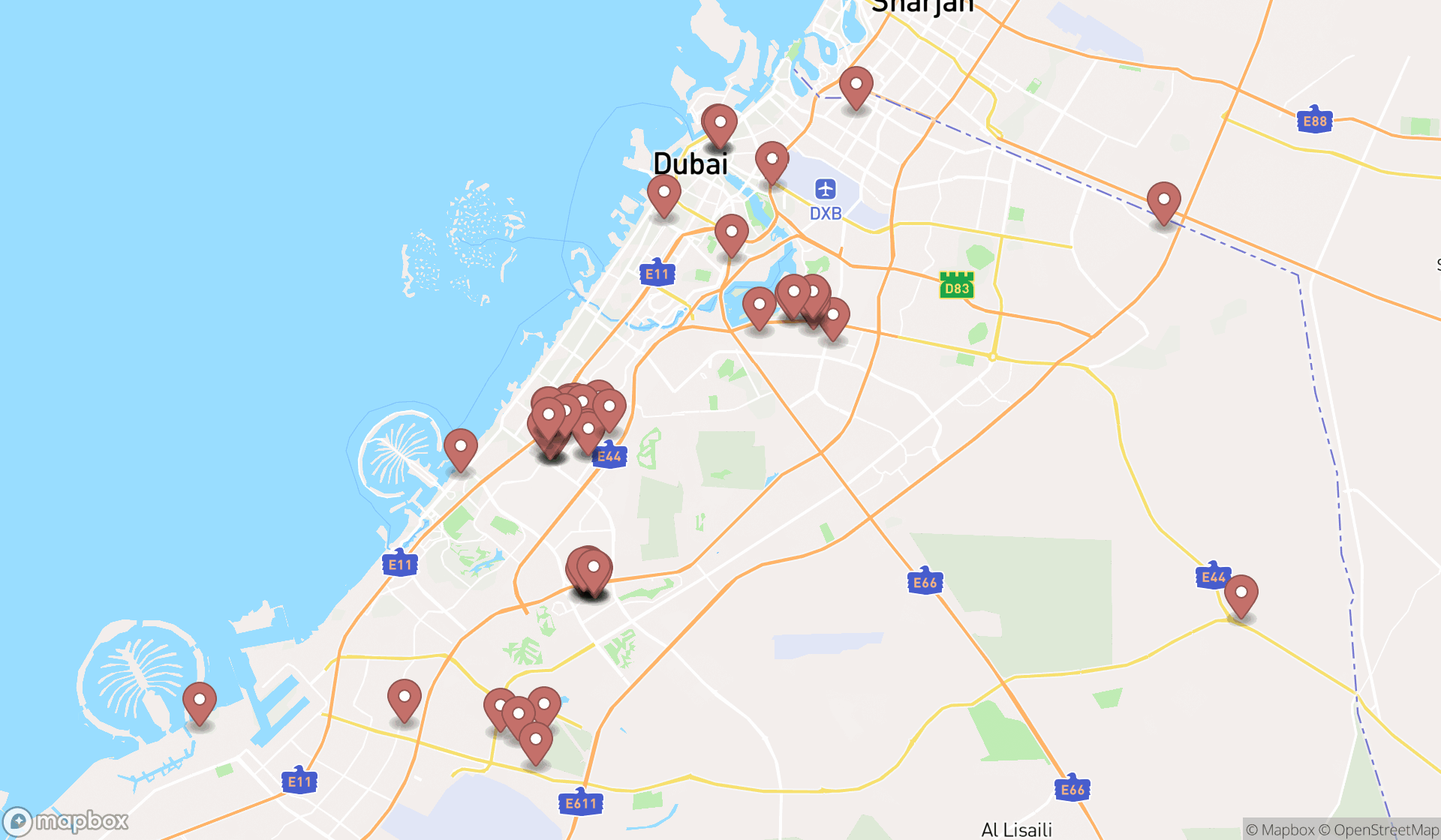 Map showing the search results in Dubai