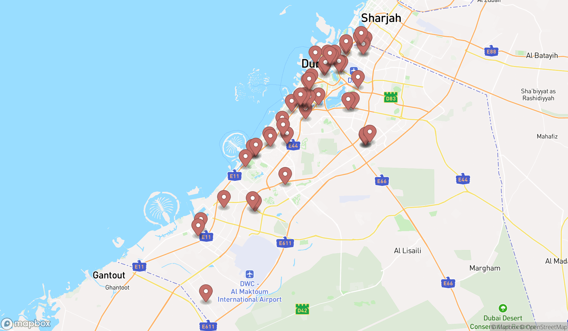 Map showing the search results in Dubai