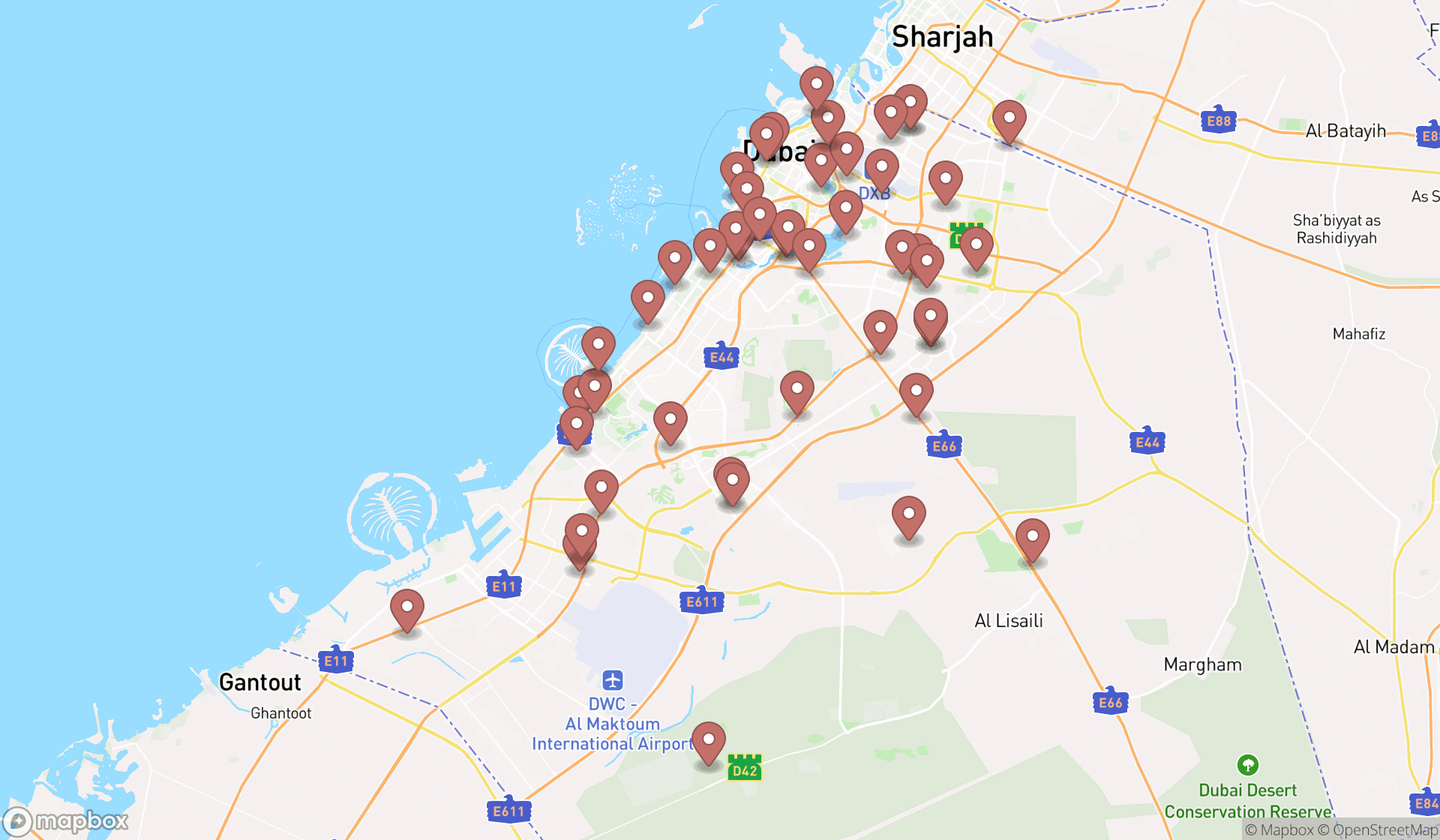 Map showing the search results in Dubai