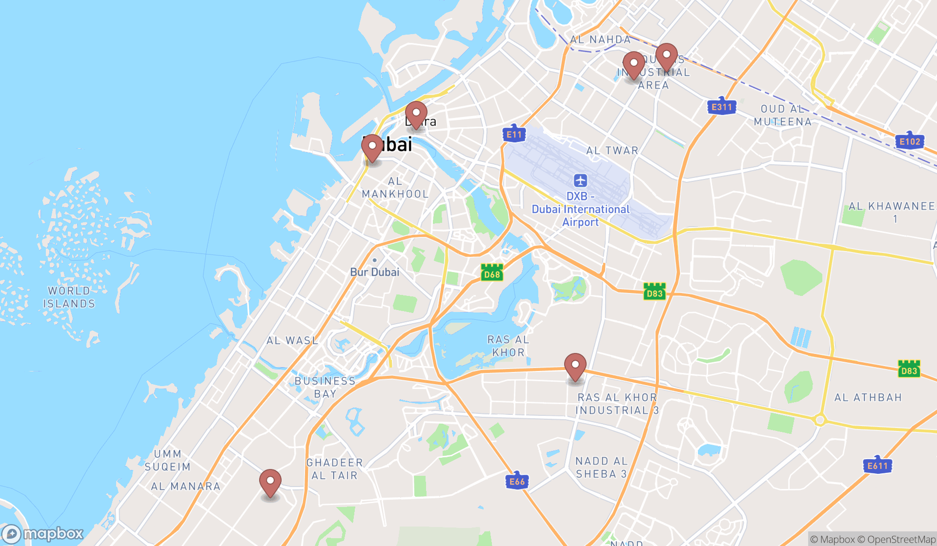 Map showing the search results in Dubai