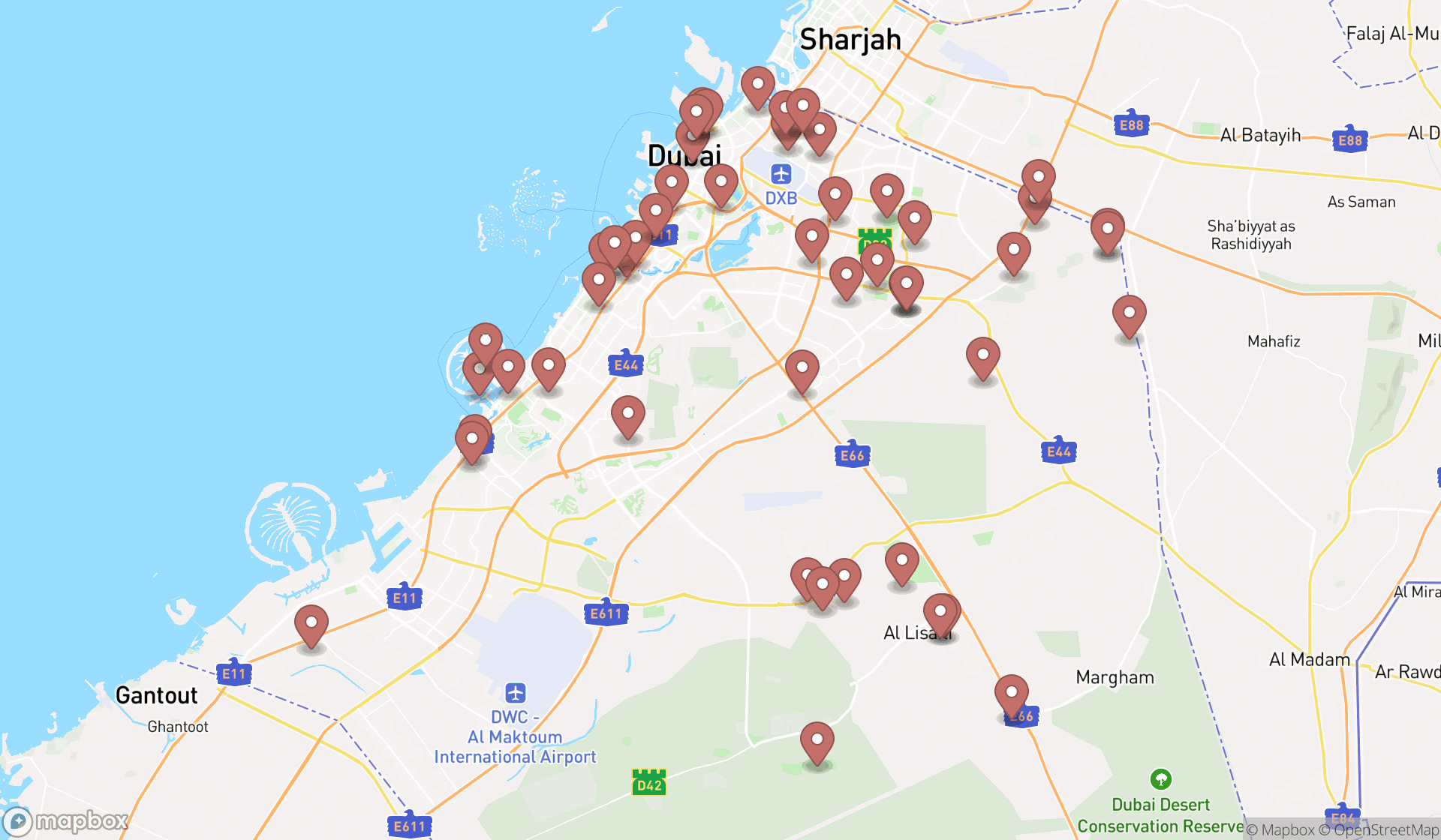 Map showing the search results in Dubai