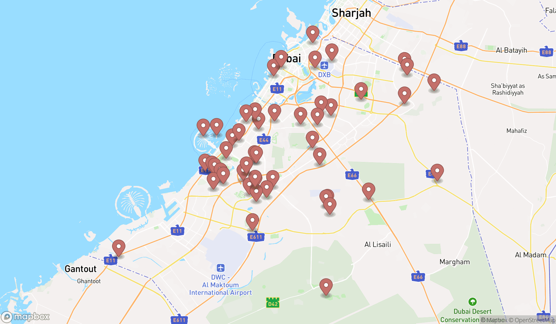 Map showing the search results in Dubai