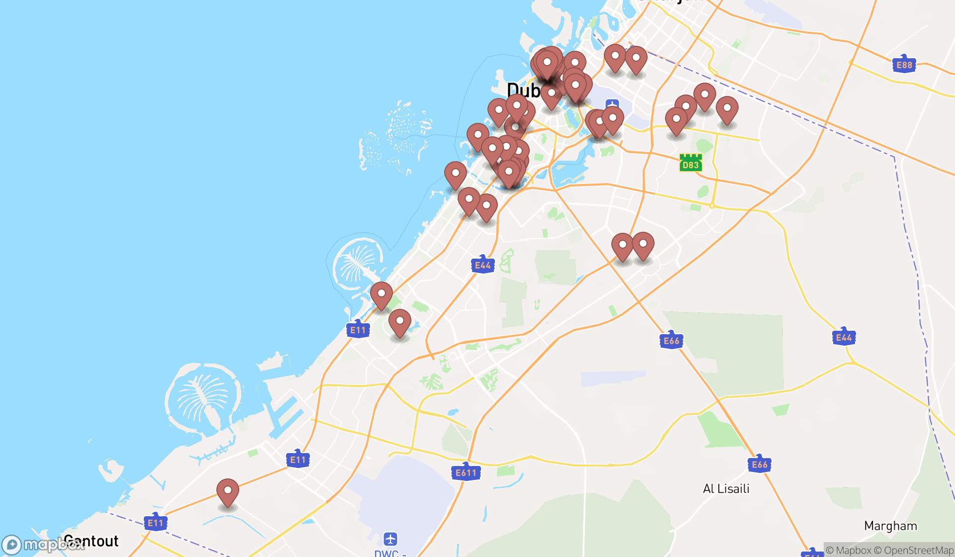 Map showing the search results in Dubai