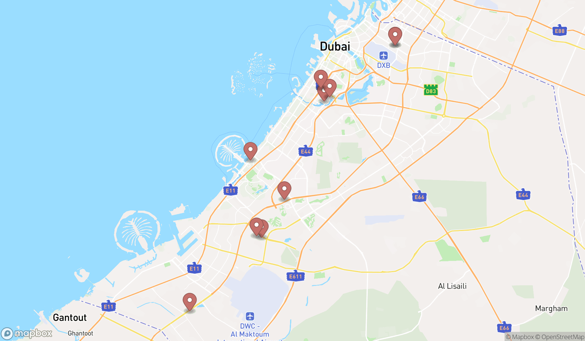Map showing the search results in Dubai