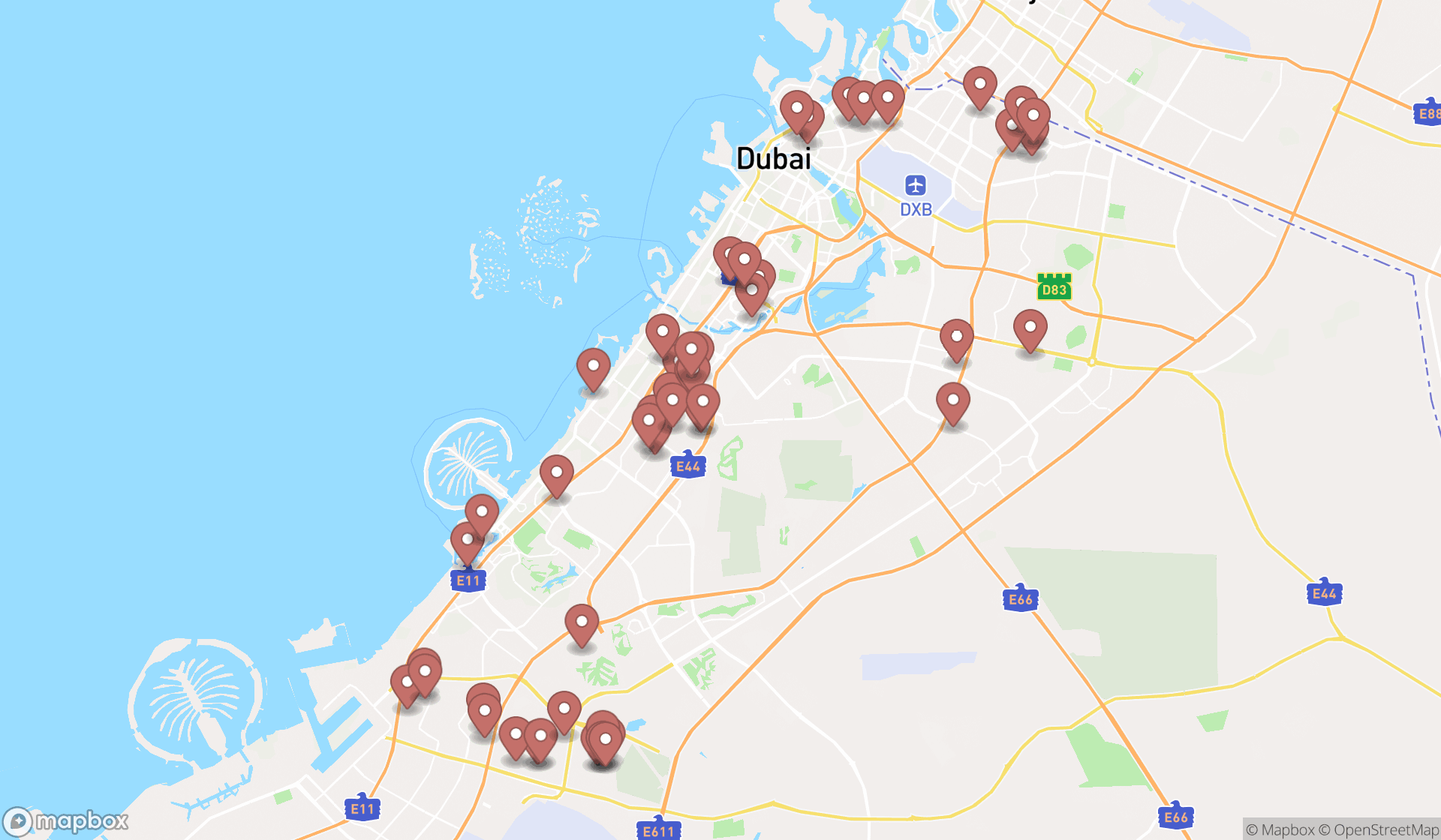 Map showing the search results in Dubai