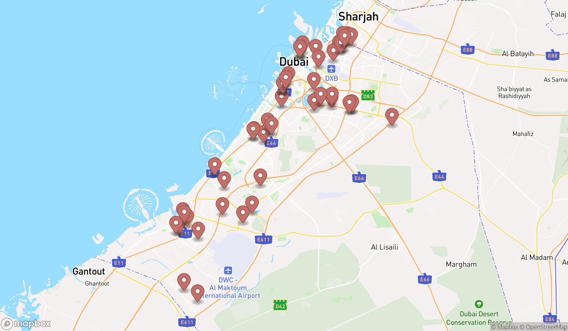 Map showing the search results in Dubai
