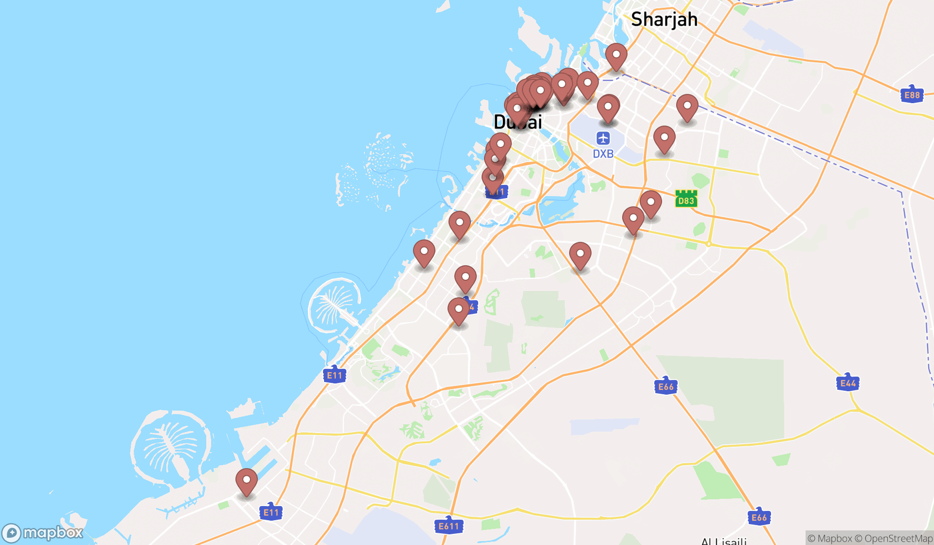 Map showing the search results in Dubai