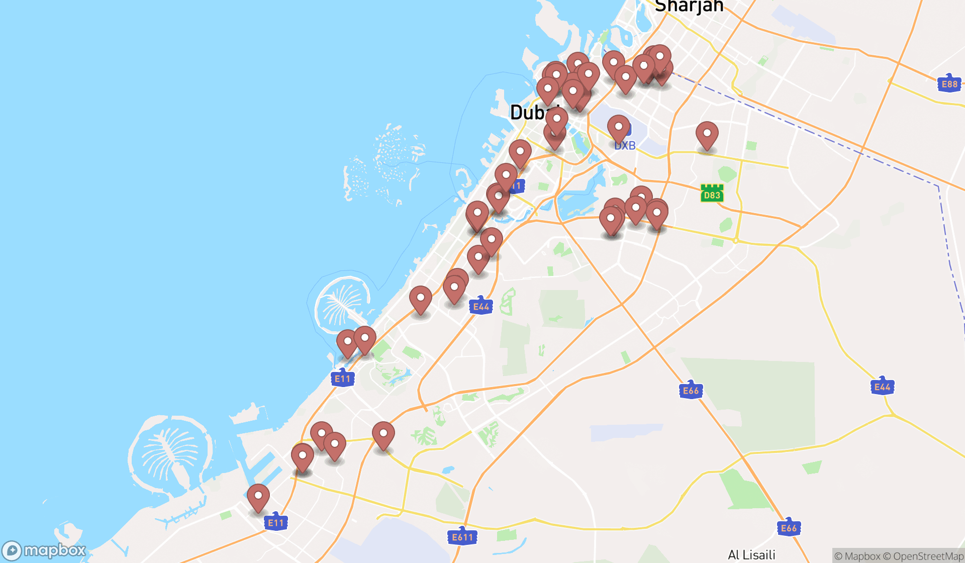 Map showing the search results in Dubai