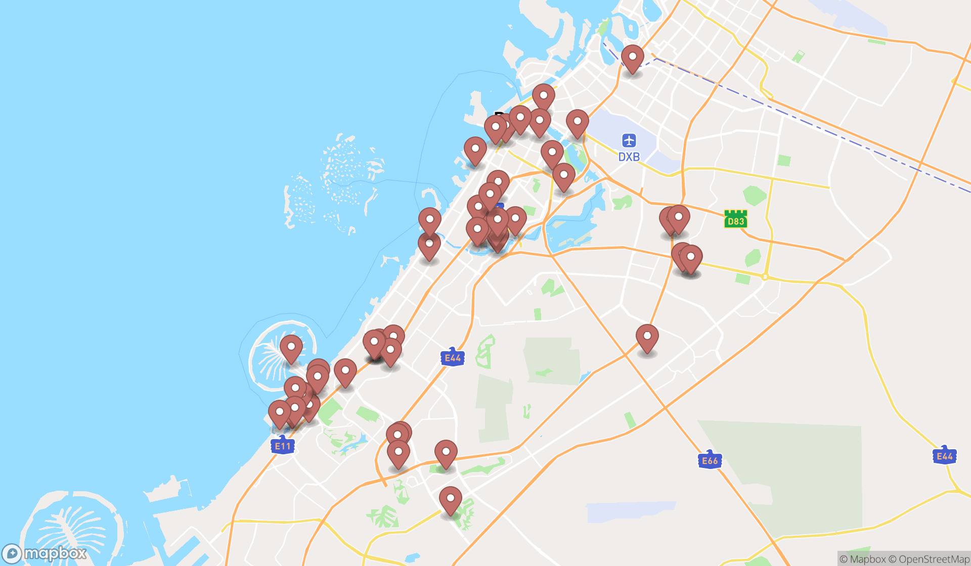 Map showing the search results in Dubai
