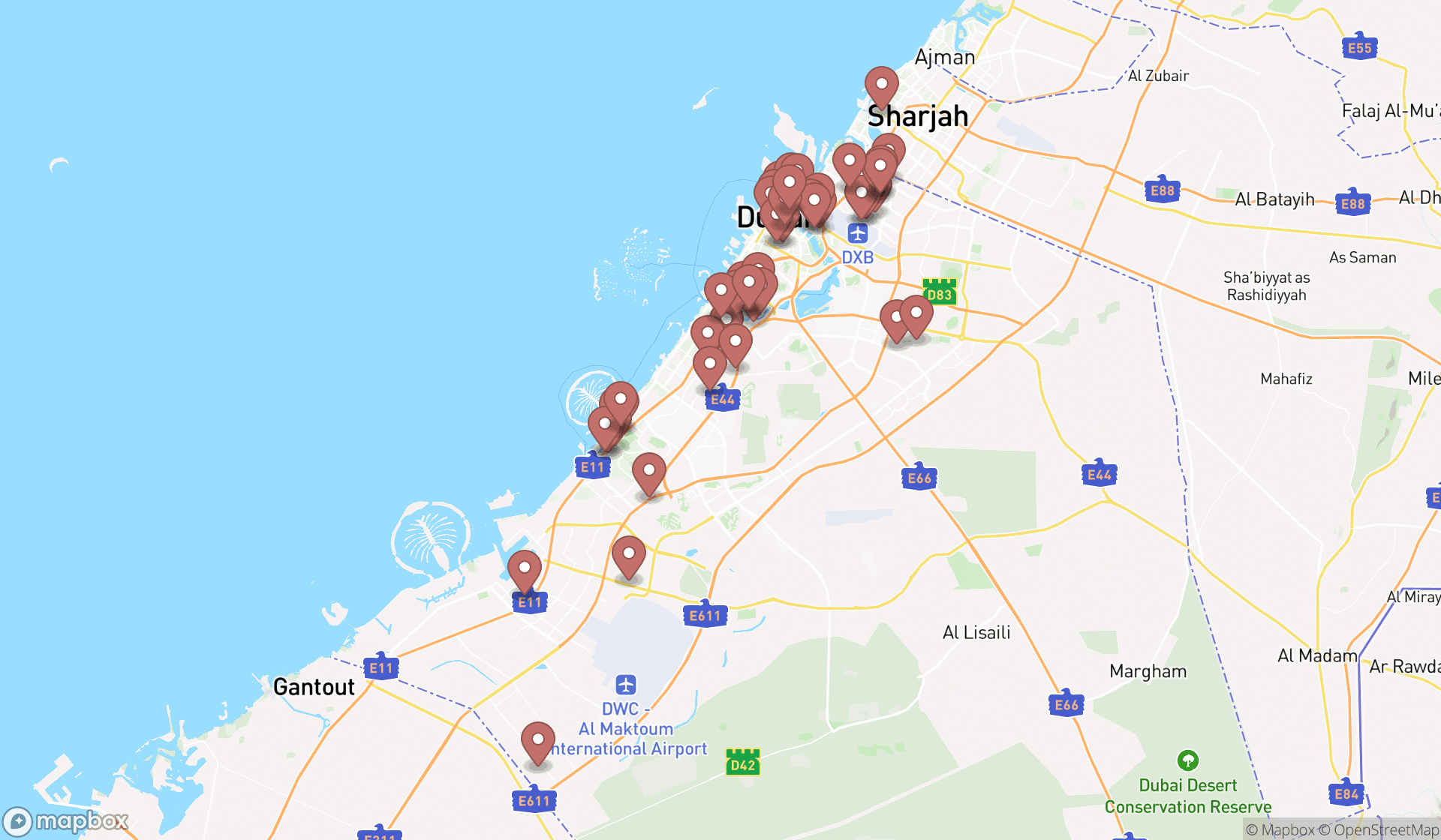 Map showing the search results in Dubai