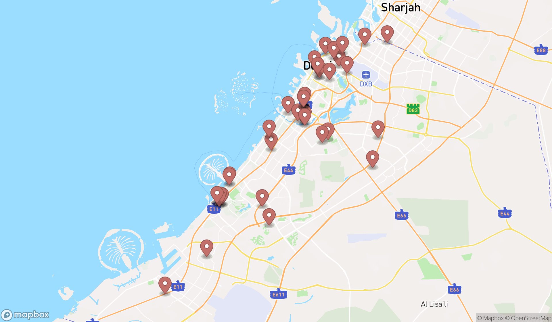 Map showing the search results in Dubai