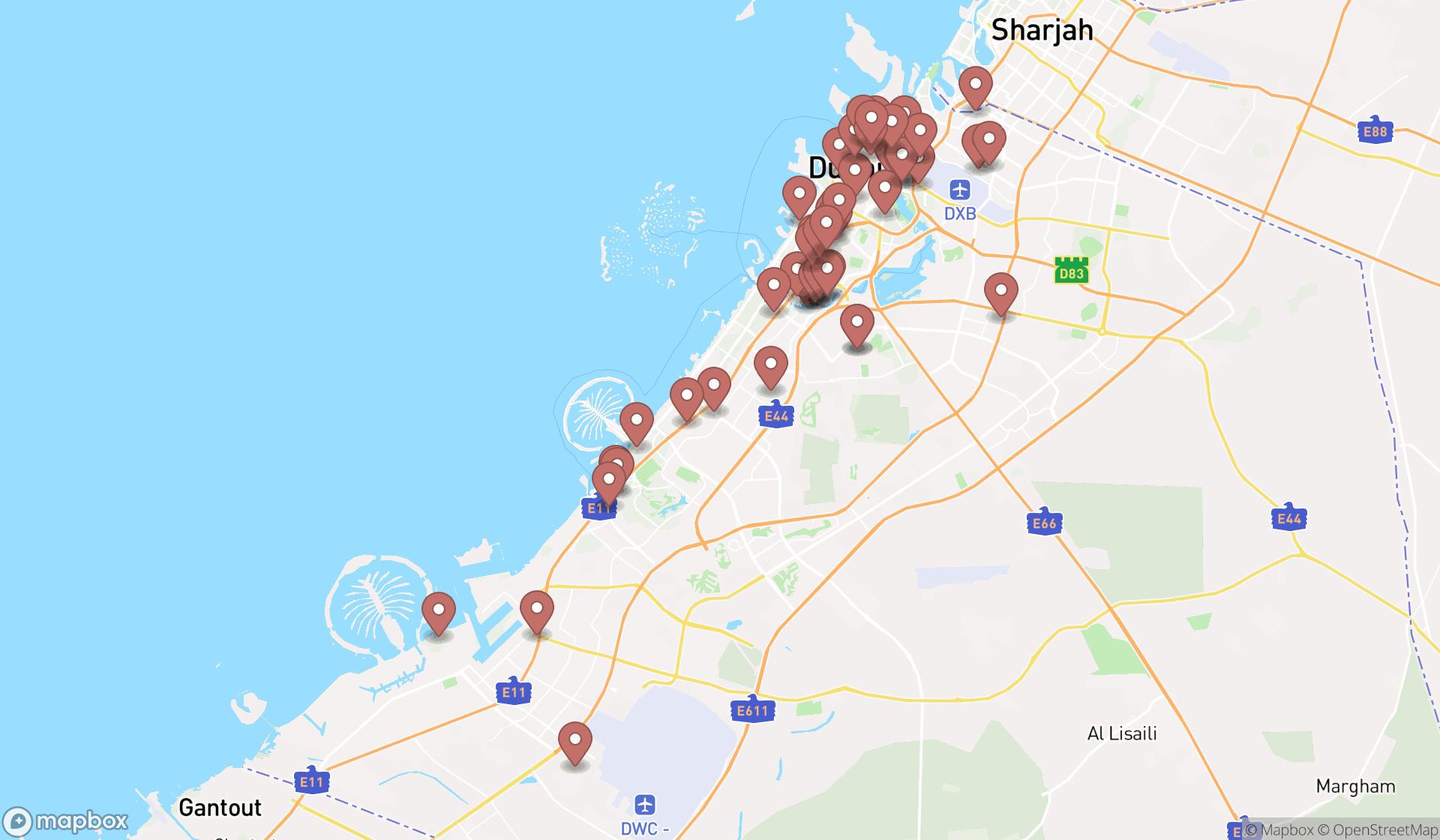 Map showing the search results in Dubai