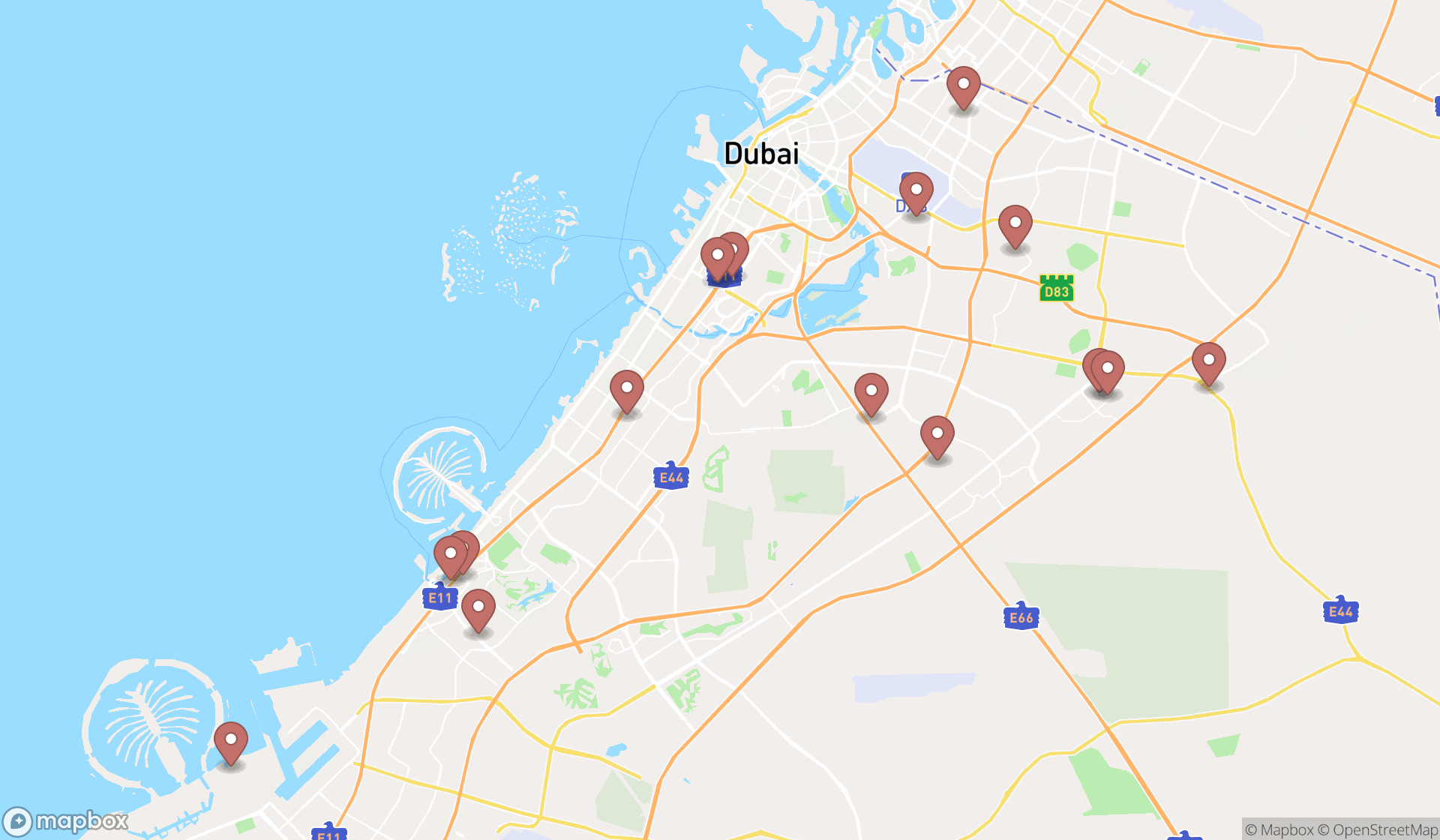 Map showing the search results in Dubai