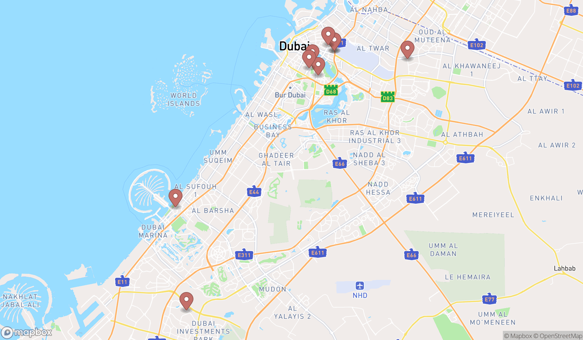 Map showing the search results in Dubai