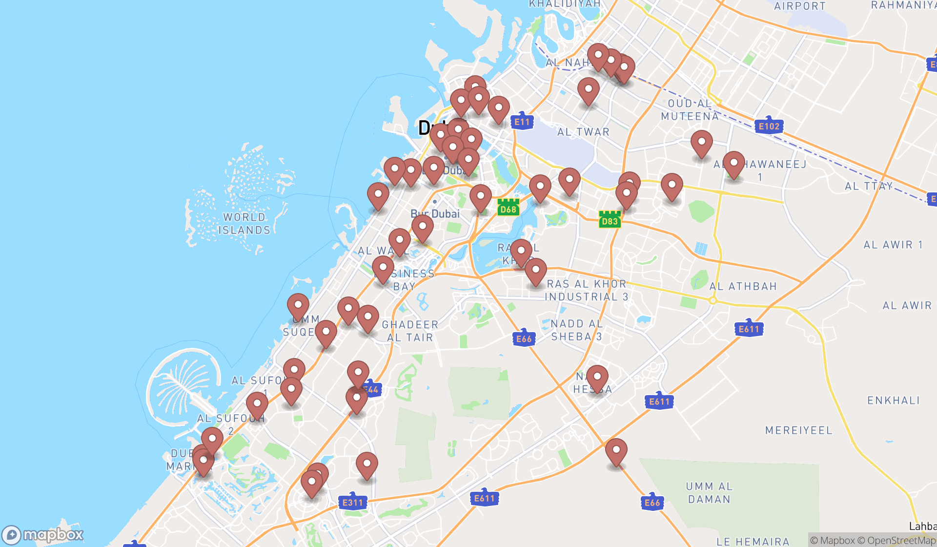 Map showing the search results in Dubai