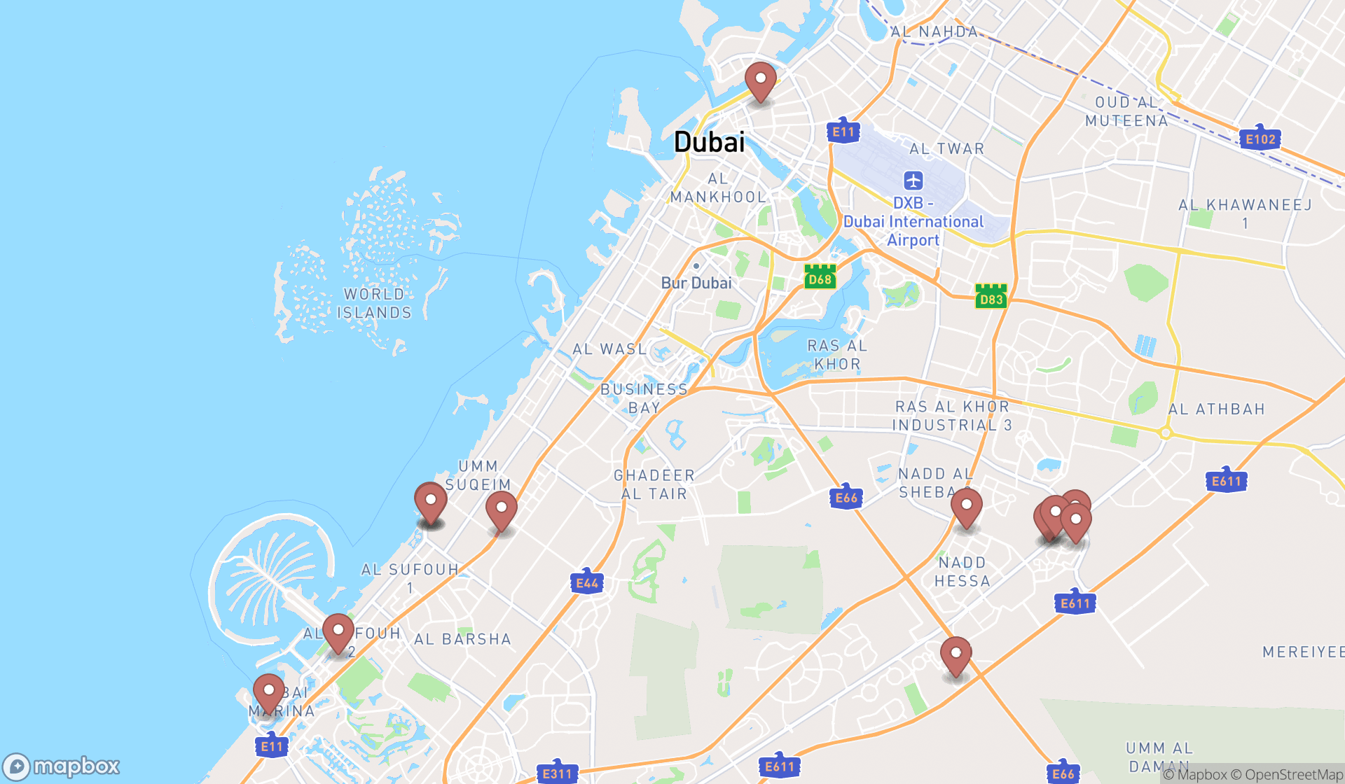Map showing the search results in Dubai