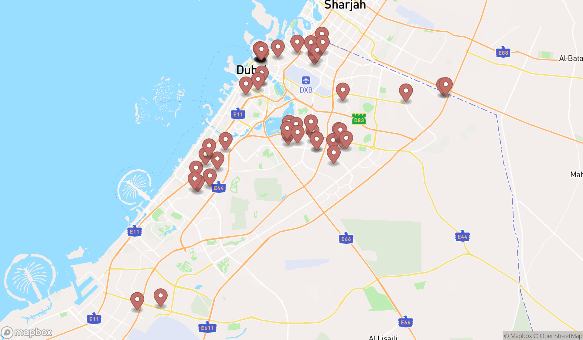 Map showing the search results in Dubai
