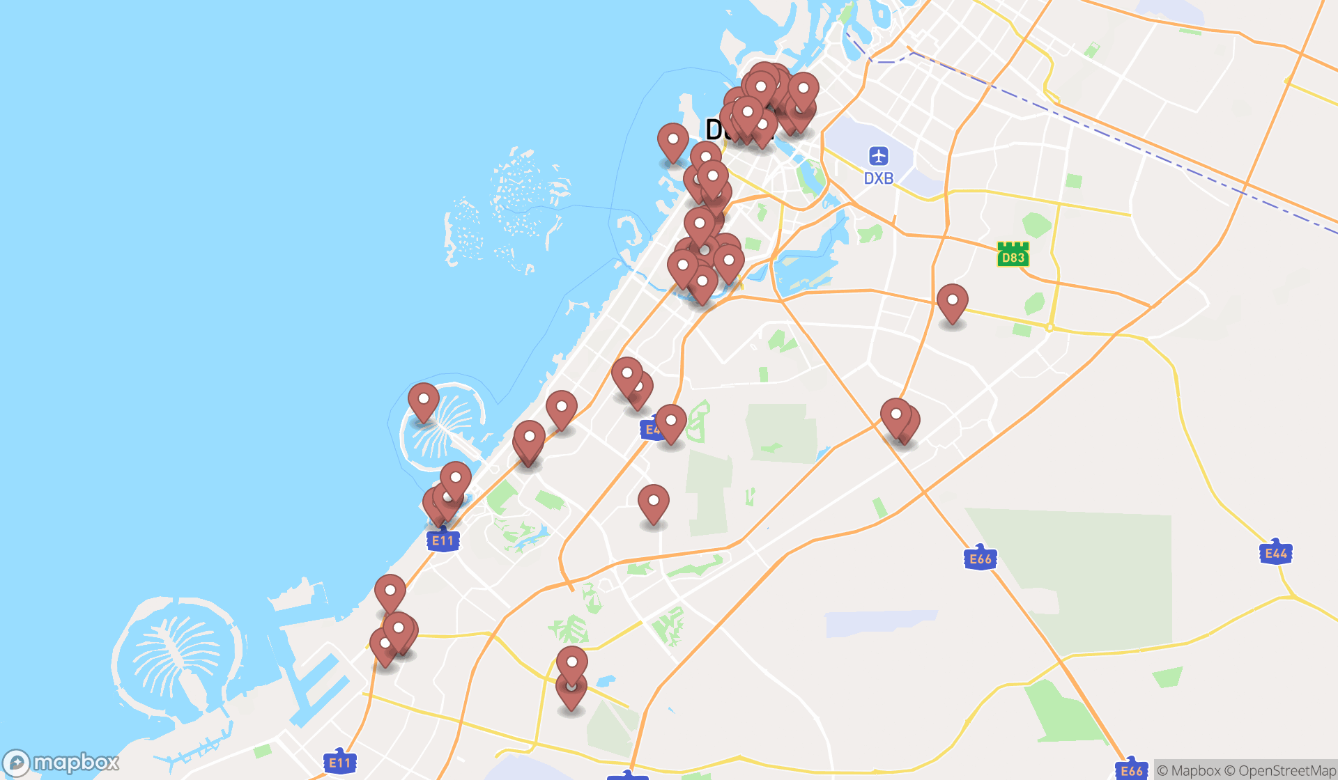 Map showing the search results in Dubai