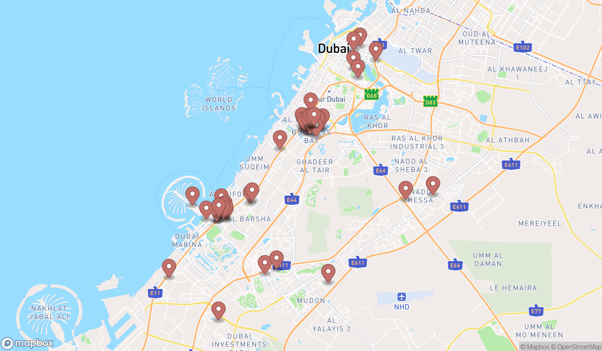 Map showing the search results in Dubai