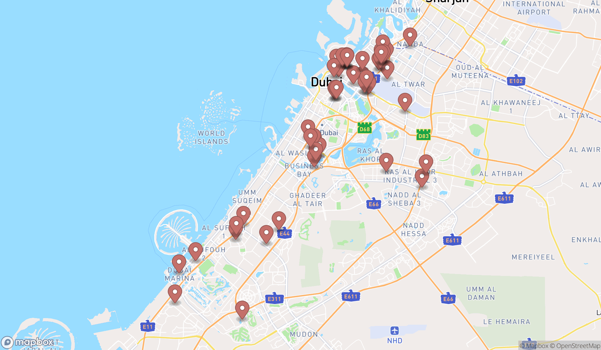 Map showing the search results in Dubai