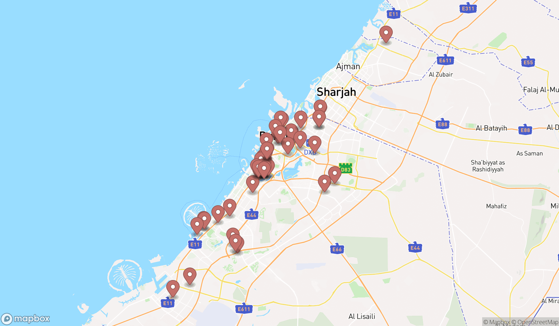 Map showing the search results in Dubai