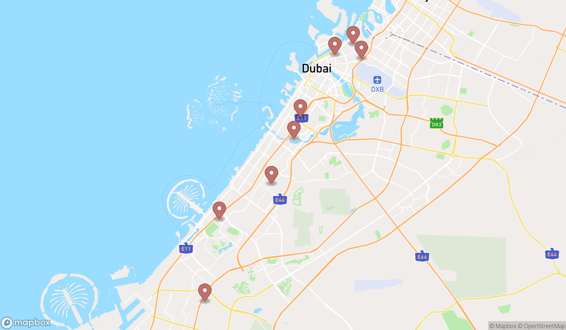Map showing the search results in Dubai