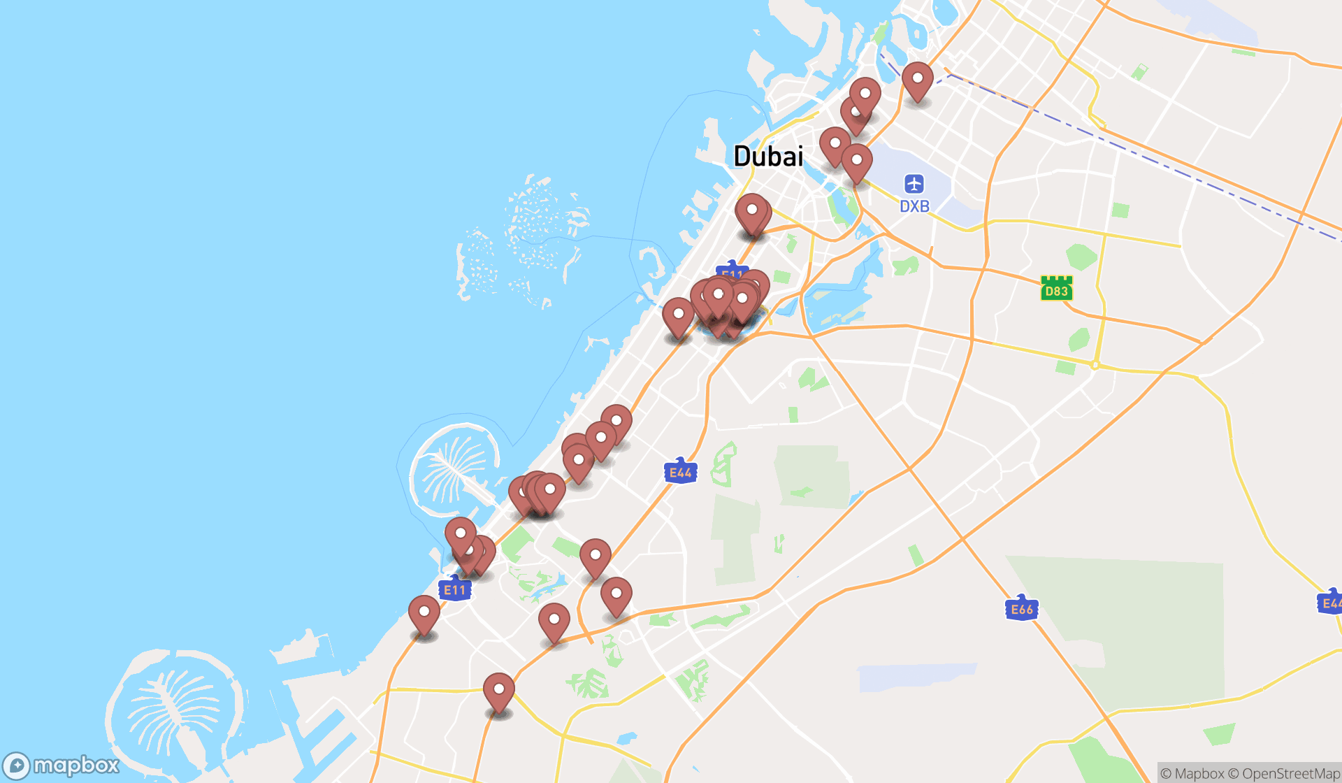 Map showing the search results in Dubai