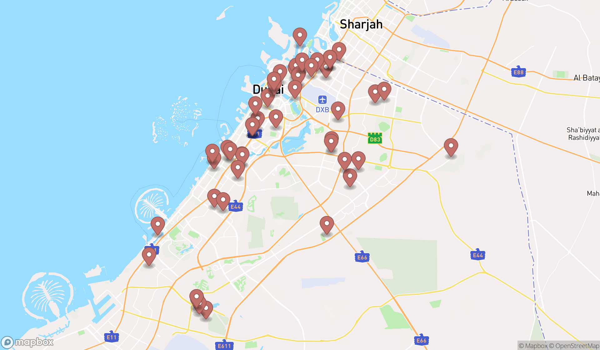 Map showing the search results in Dubai