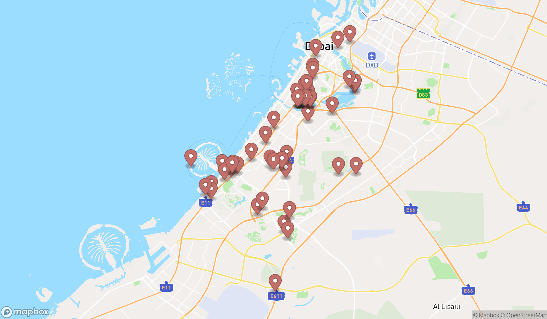 Map showing the search results in Dubai