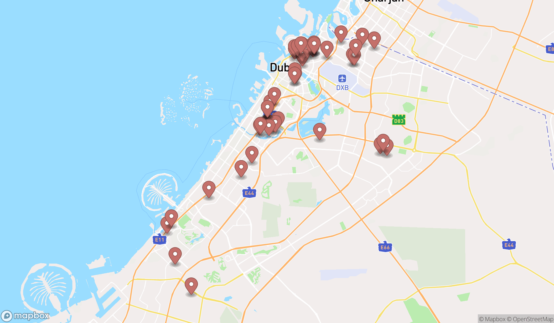 Map showing the search results in Dubai