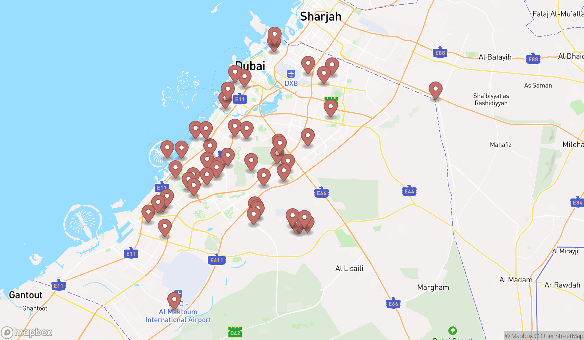 Map showing the search results in Dubai