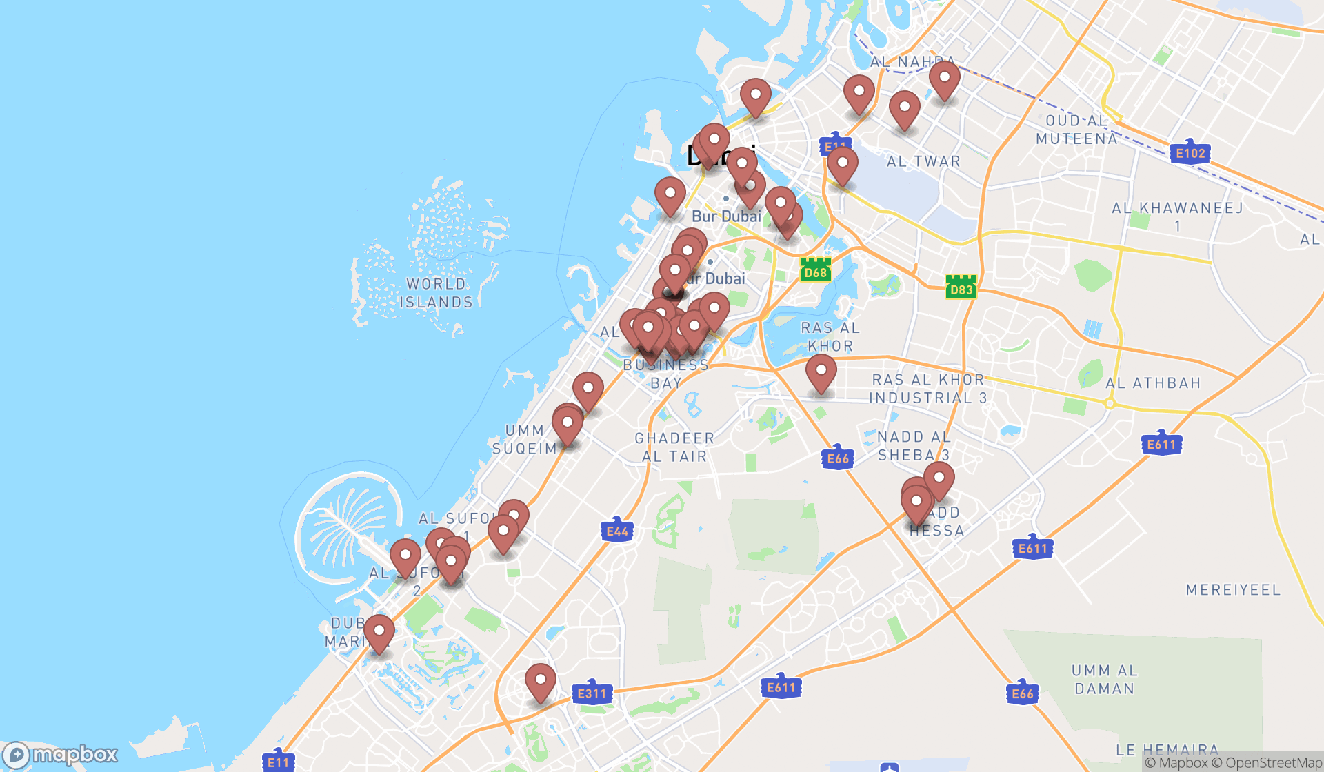 Map showing the search results in Dubai