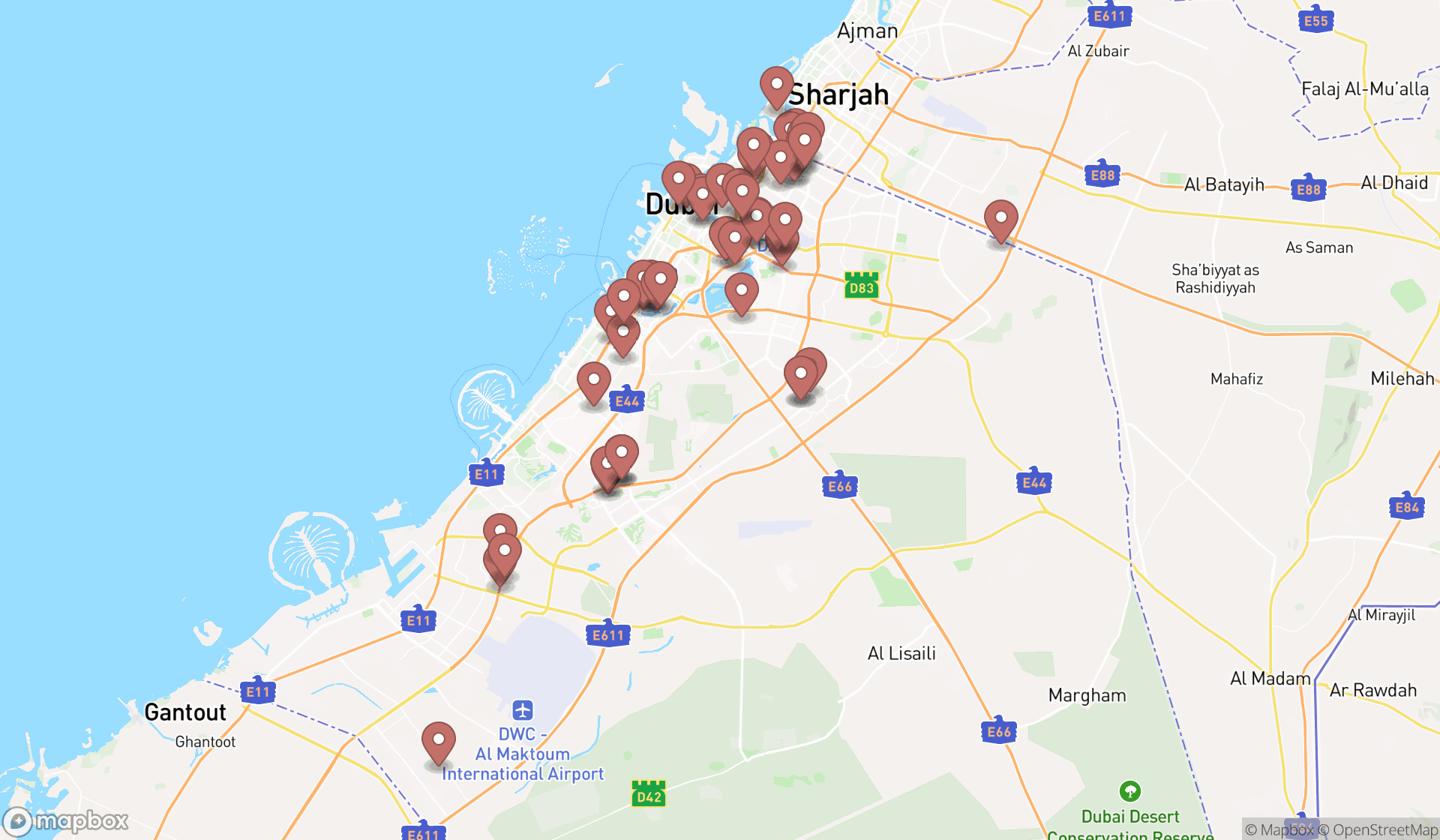 Map showing the search results in Dubai