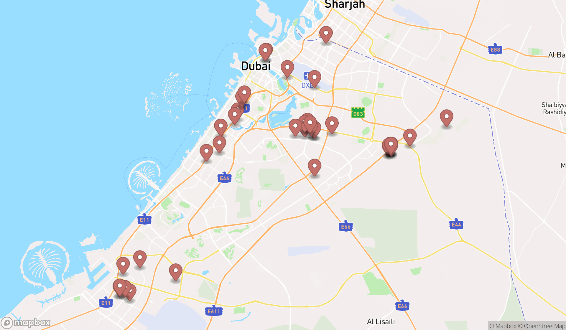 Map showing the search results in Dubai