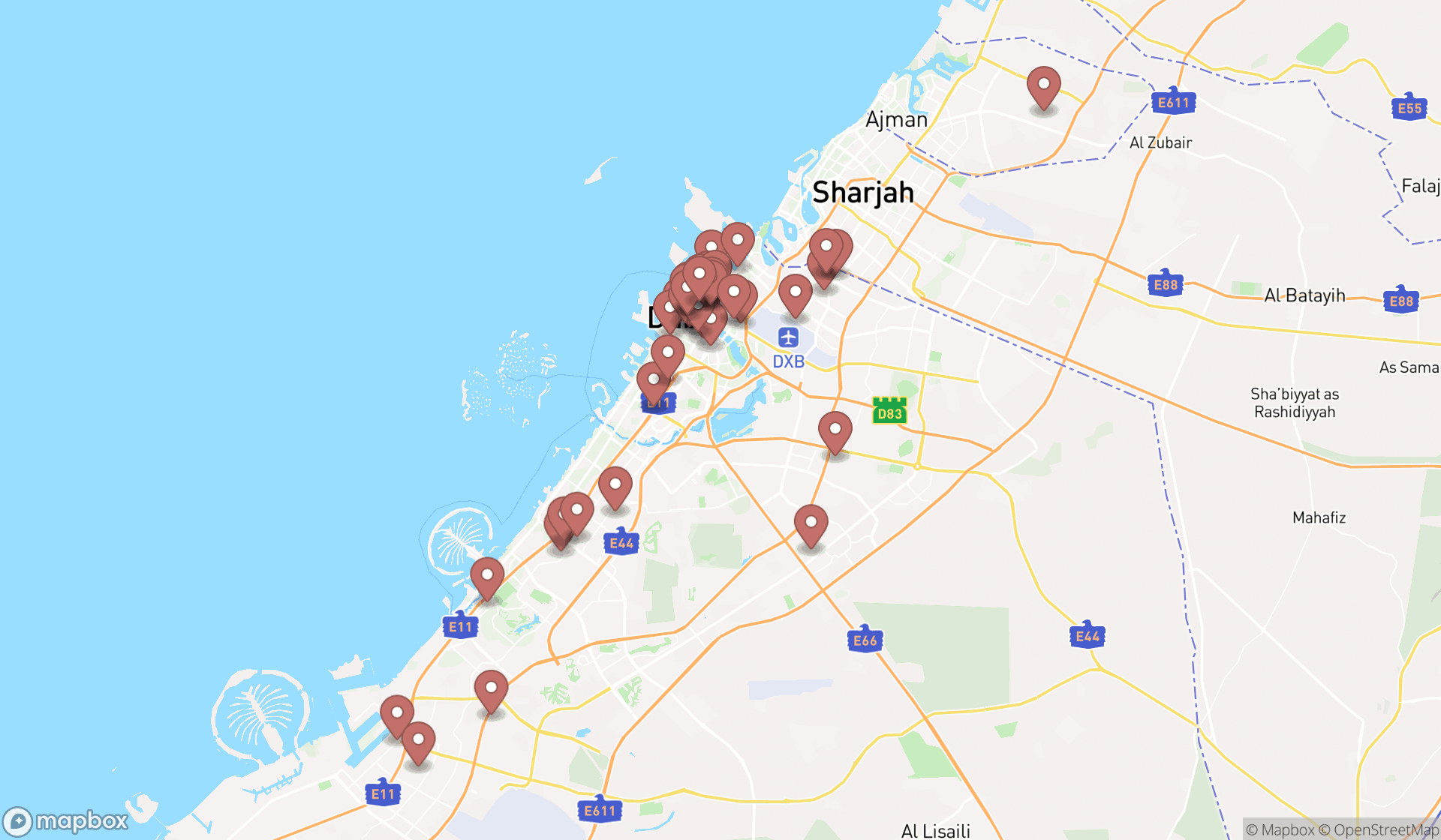 Map showing the search results in Dubai