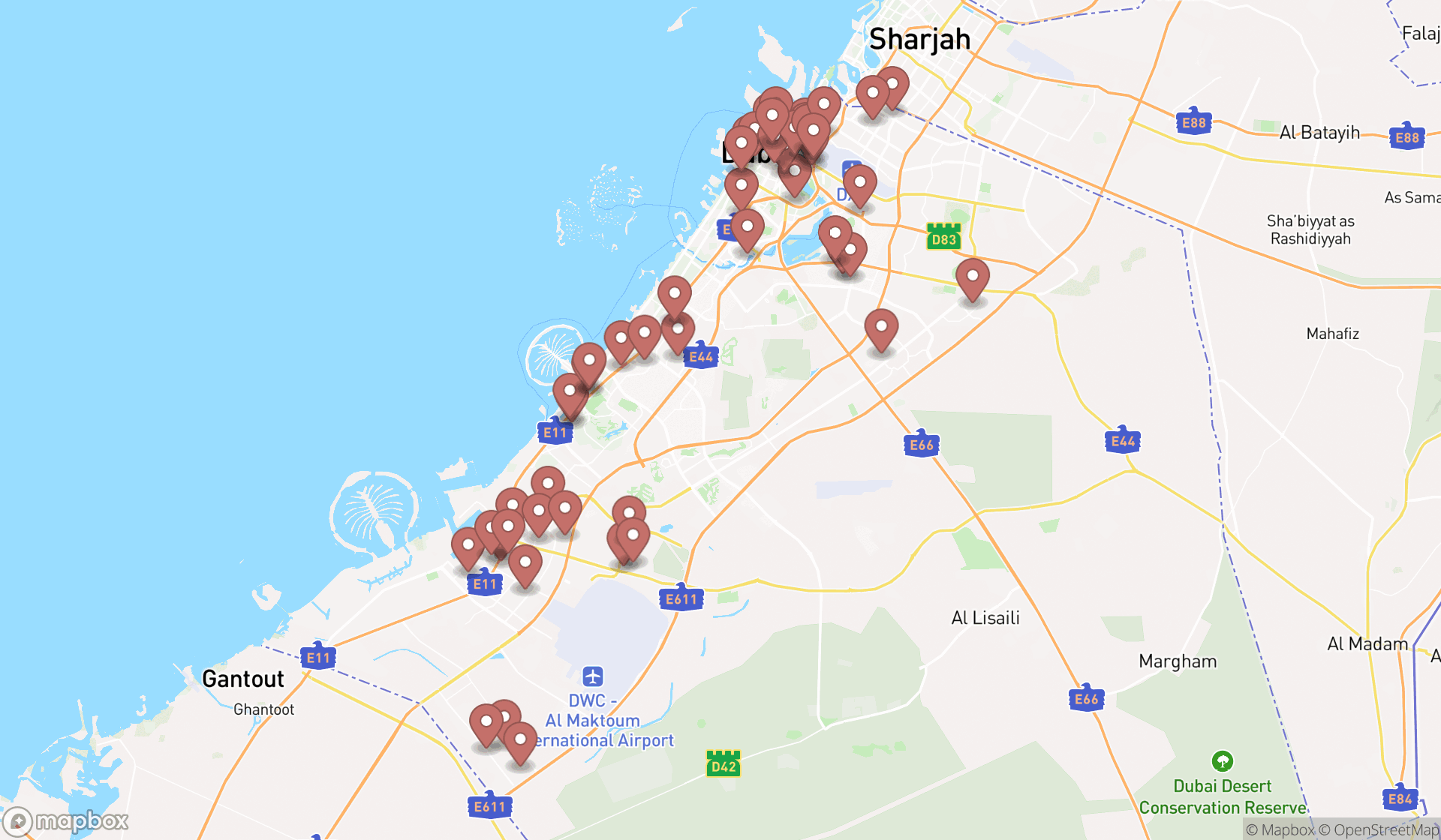 Map showing the search results in Dubai