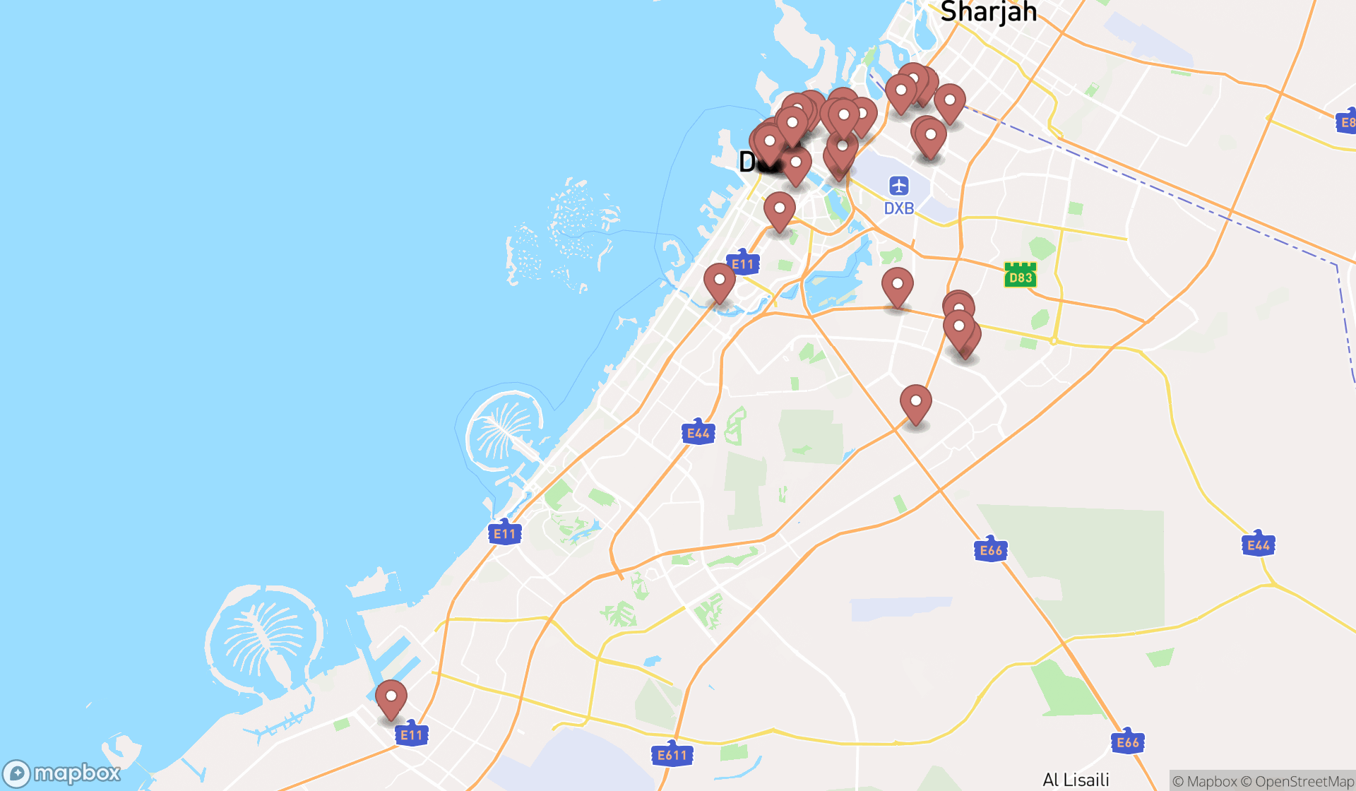 Map showing the search results in Dubai