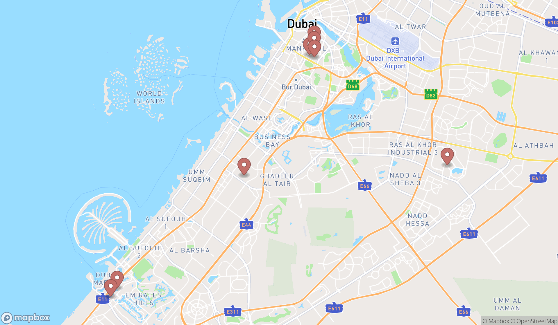 Map showing the search results in Dubai