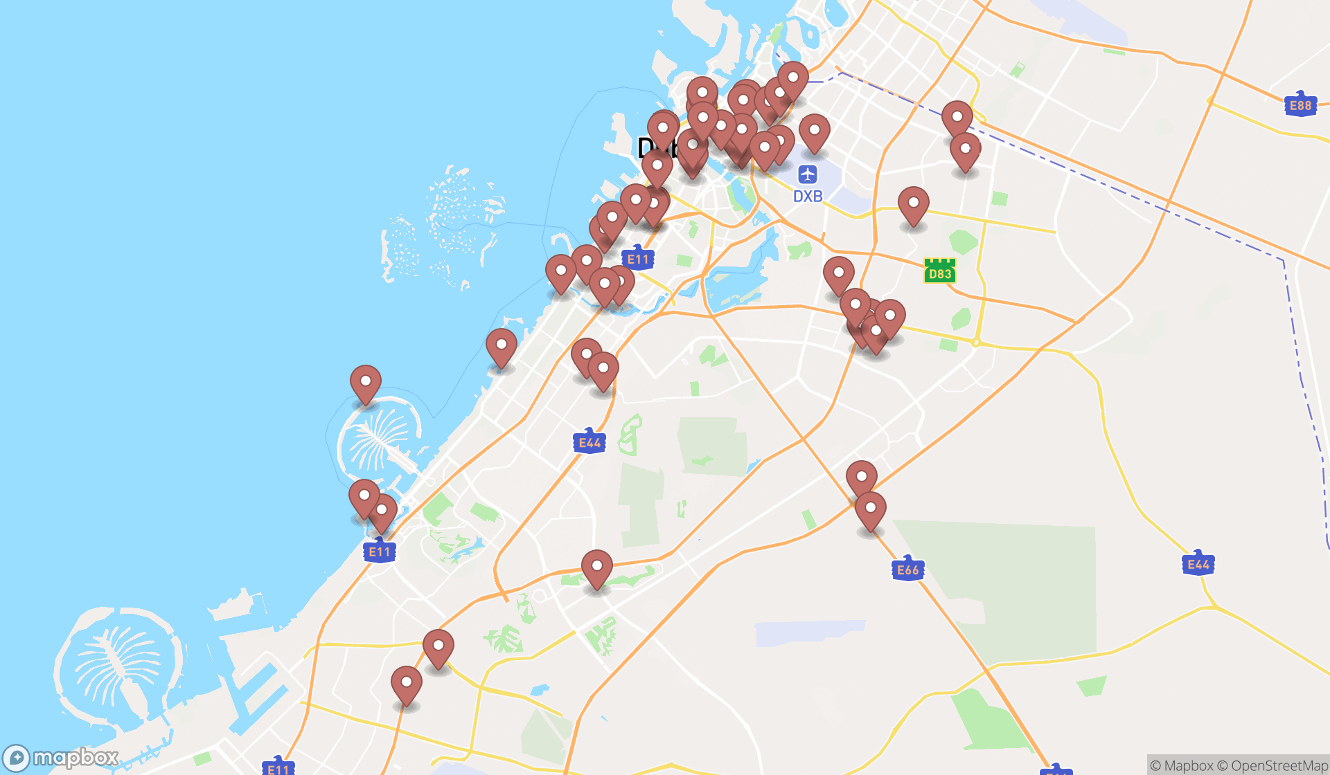 Map showing the search results in Dubai